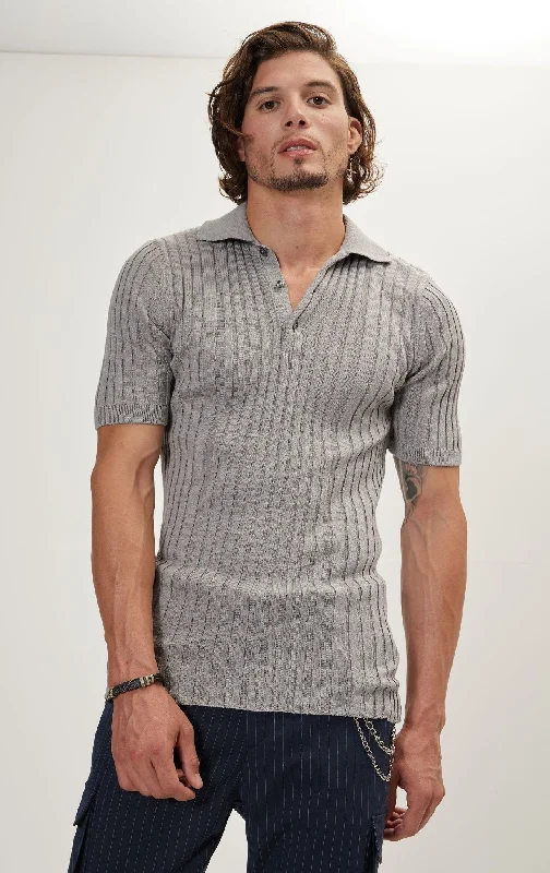 Ribbed Short Sleeve Polo Neck T-Shirt  - Grey