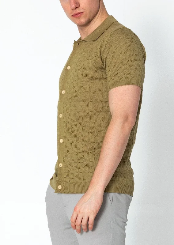 Geometric Crochet Knit Polo - Light Green