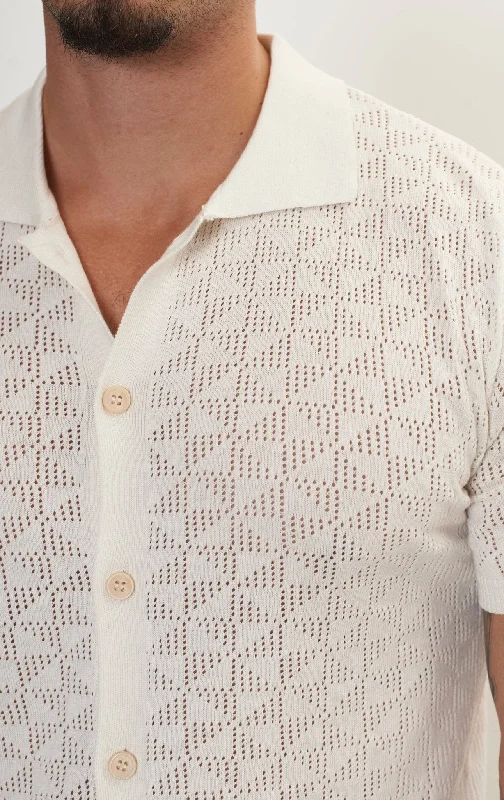 Geometric Crochet Knit Polo - Off White