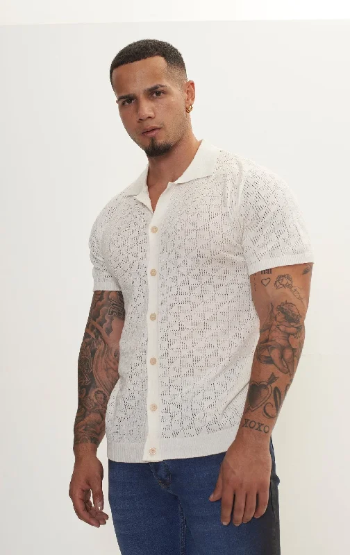 Geometric Crochet Knit Polo - Off White