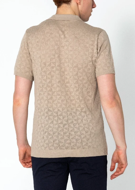 Geometric Crochet Knit Polo - Stone