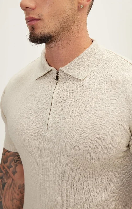 Zipper Closure Lightweight Polo Tee - Beige