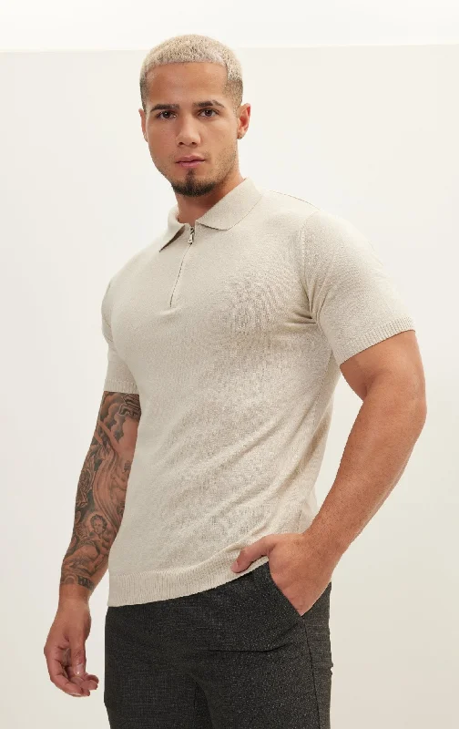 Zipper Closure Lightweight Polo Tee - Beige