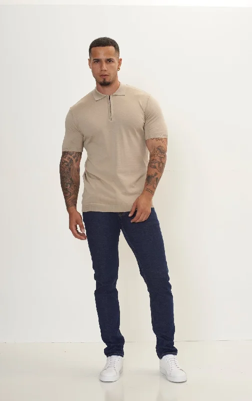 Zipper Closure Lightweight Polo Tee - Dark Beige