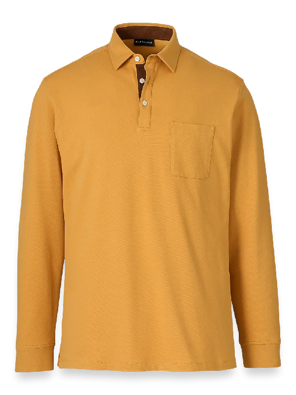 Cotton/Spandex Pique Three Button Polo - Gold