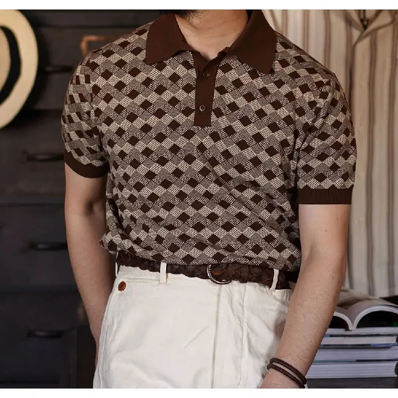 Men's Knitted Polo Shirt with Diamond Pattern - Short Sleeves - Classic Style