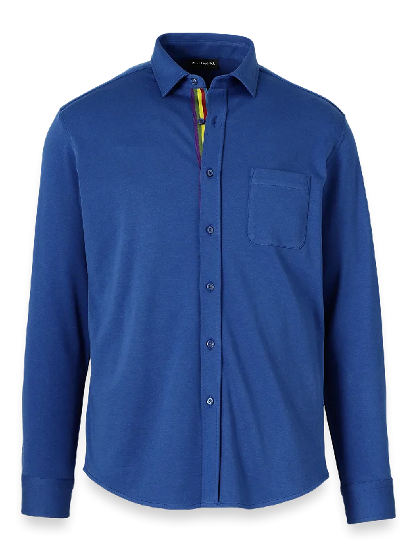 Mercerized Cotton Button Front Polo - Blue